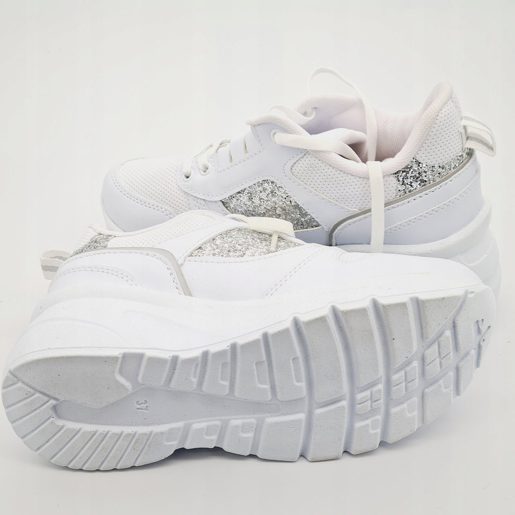 Białe Sneakersy Damskie PILLA BEYAZ SPOR Brokat 37